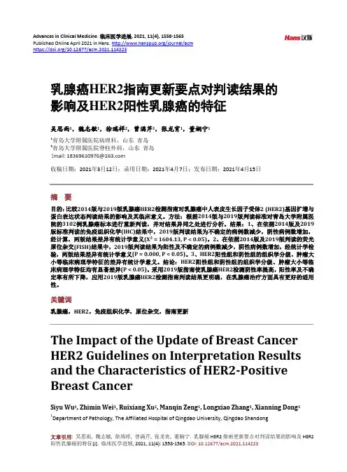 乳腺癌HER2指南更新要点对判读结果的影响及HER2阳性乳腺癌的特征