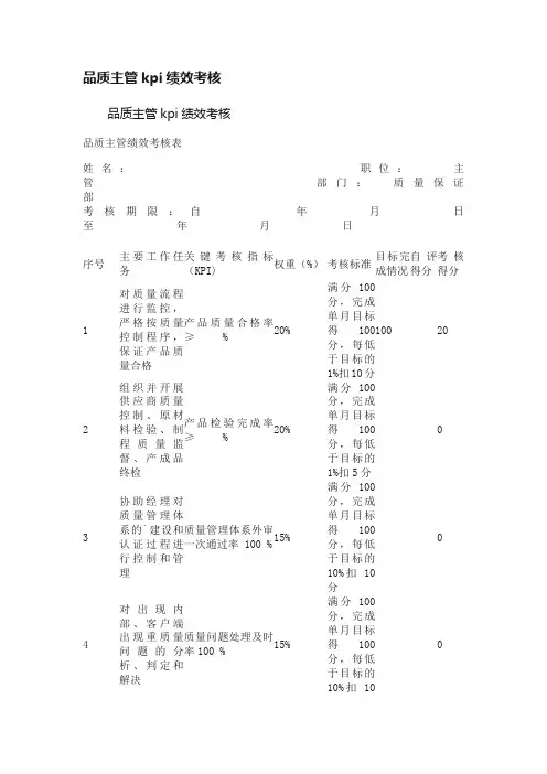 品质主管kpi绩效考核