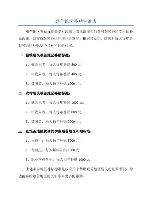 艰苦地区补贴标准表