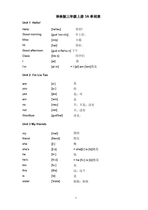 译林版小学英语单词表(带音标)