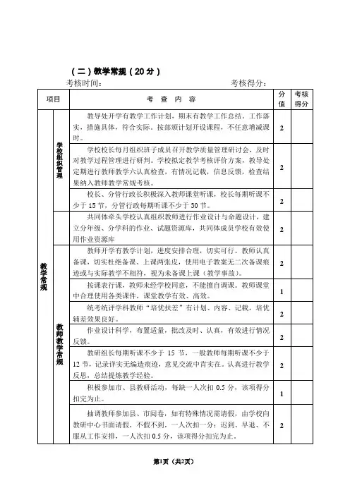 小学教学常规工作考核表
