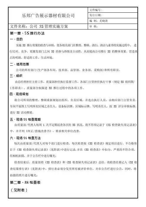 5S管理检查表以及奖惩制度(可编辑修改word版)
