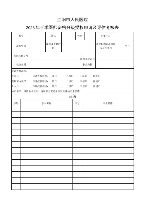 (最新)2023年手术医师资格分级授权申请及评估考核表