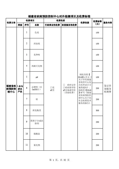 福建省疾病预防控制中心对外检测项目及收费标准