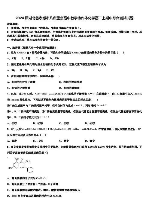 2024届湖北省孝感市八所重点高中教学协作体化学高二上期中综合测试试题含解析