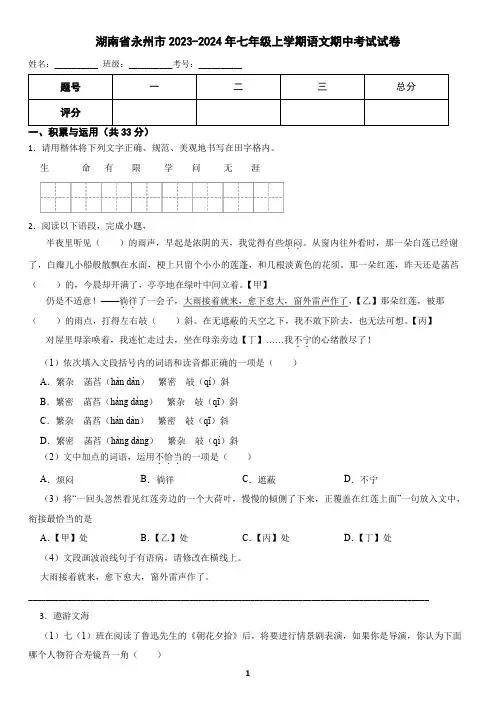 湖南省永州市2023-2024年七年级上学期语文期中考试试卷(含答案)