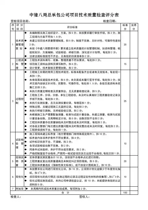 项目管理综合检查评分表汇总