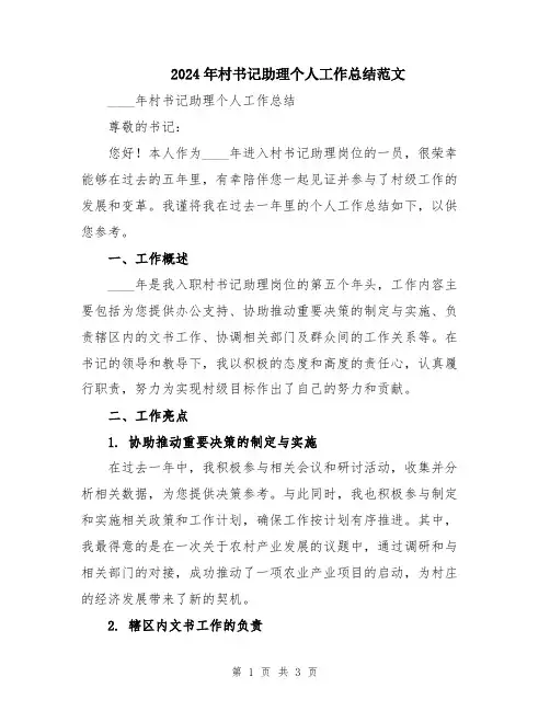 2024年村书记助理个人工作总结范文
