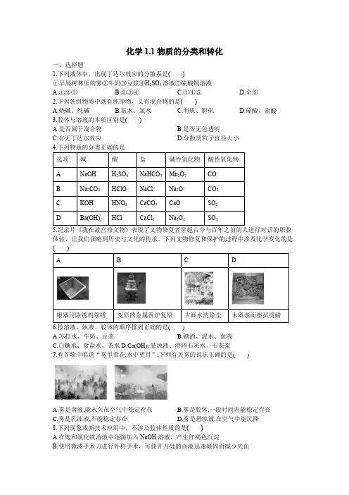 _1.1 物质的分类和转化同步练习 2020-2021学年高一化学人教版必修第一册