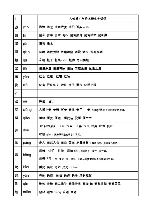 最新版六年级上册语文生字注音表