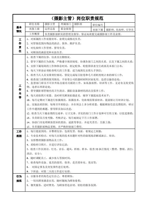 摄影主管—岗位职责规范
