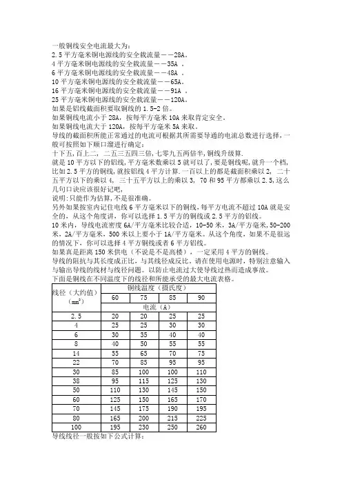 电流与电缆线径关系