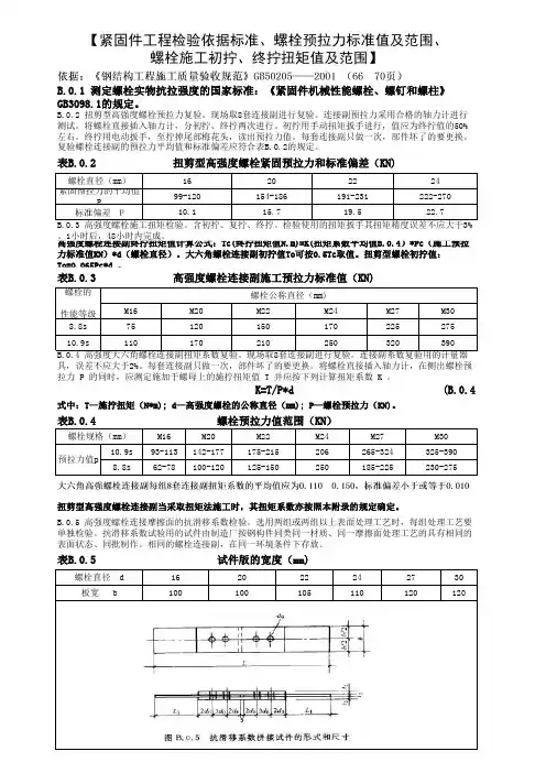 【紧固件工程检验依据标准、螺栓预拉力标准值及范围、螺栓施工扭矩值及范围】