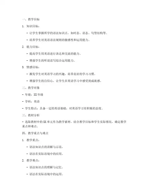 小学语法英语备课教案模板