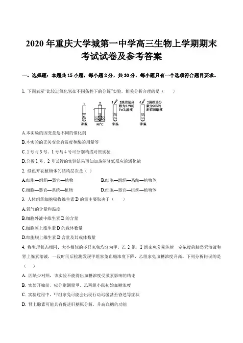 2020年重庆大学城第一中学高三生物上学期期末考试试卷及参考答案