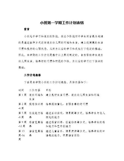 小班第一学期工作计划表格