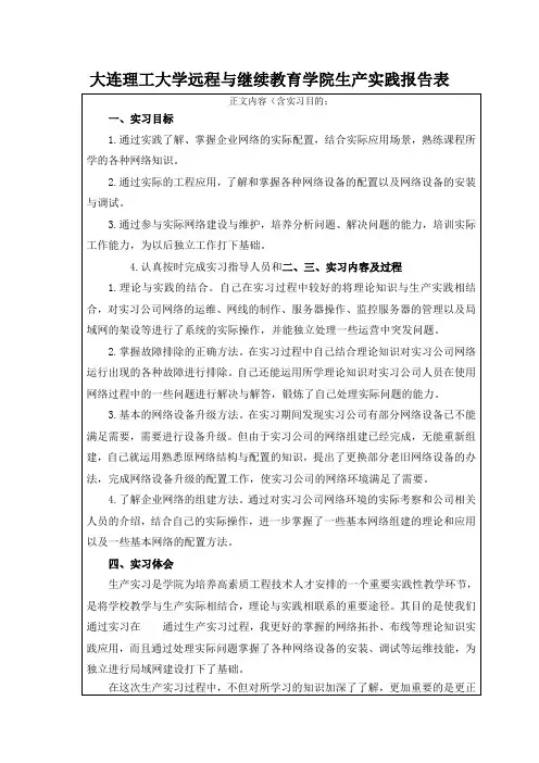 大工《生产实践(计算机科学与技术专业)》报告表及要求【内容仅供参考】905