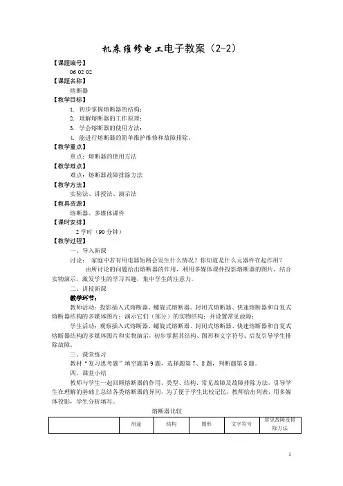 机床维修电工(高教版)电子教案：2.2 熔断器