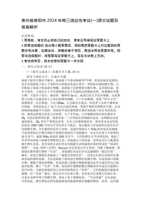贵州省贵阳市2024年高三适应性考试(一)语文试题及答案解析