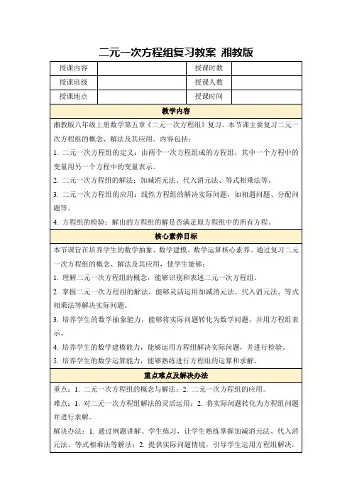 二元一次方程组复习教案湘教版