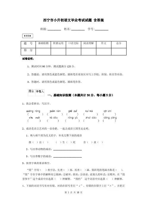 西宁市小升初语文毕业考试试题 含答案
