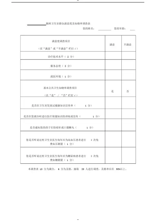 村卫生室群众满意度及知晓率调查表