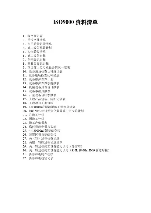 ISO9000资料清单