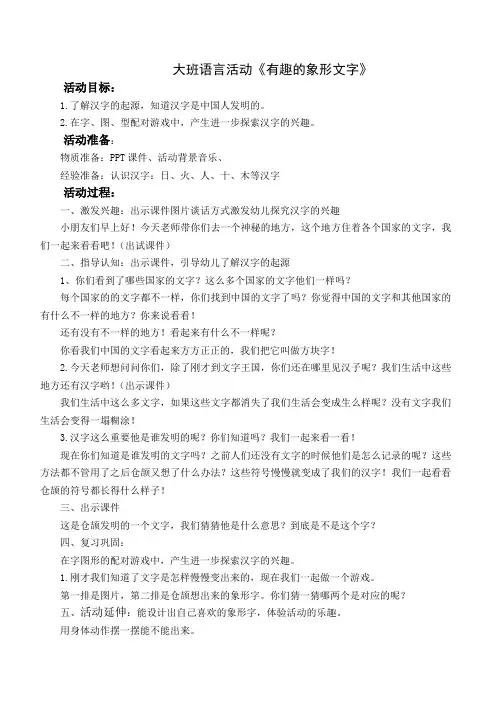 幼儿园大班优质组长观摩课综合活动《有趣的象形文字》 教案