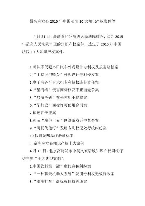 最高院发布2015年中国法院10大知识产权案件等