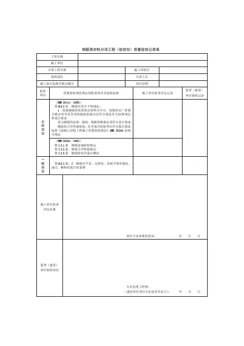 钢筋原材料分项工程(验收批)质量验收记录表