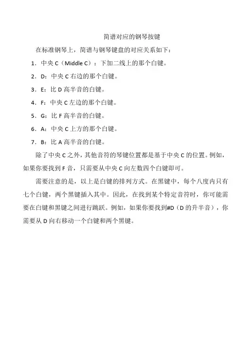 简谱对应的钢琴按键