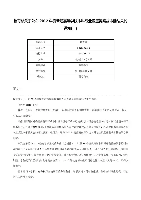 教育部关于公布2012年度普通高等学校本科专业设置备案或审批结果的通知(一)-教高[2013]4号