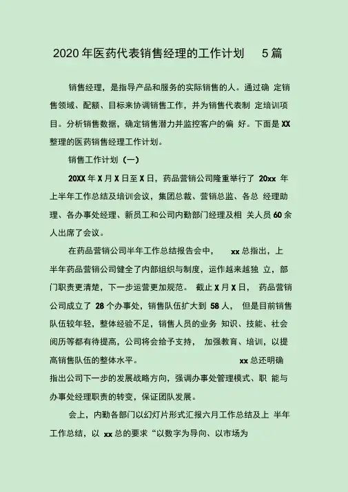 医药代表销售经理的工作计划5篇