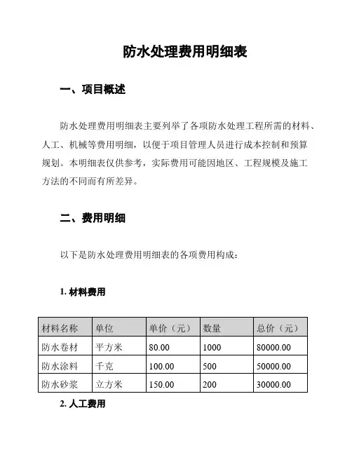 防水处理费用明细表