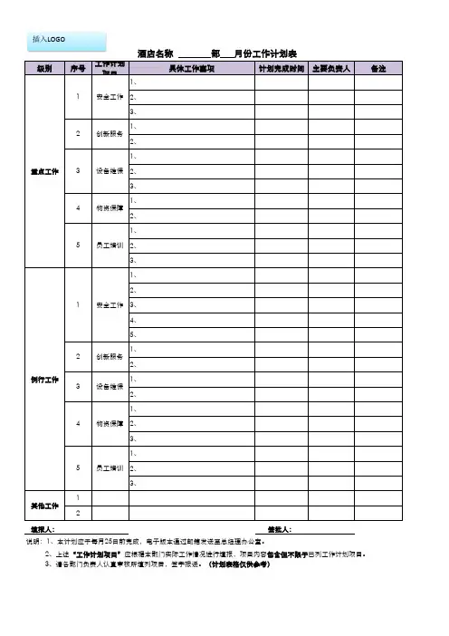 酒店月度工作计划表【模板】