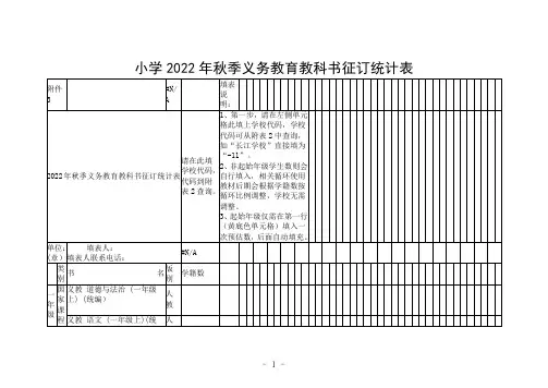 小学2022年秋季义务教育教科书征订统计表