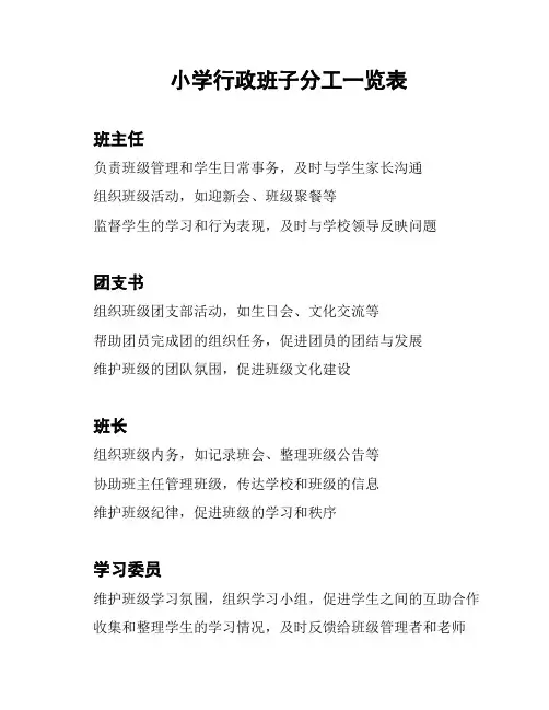 小学行政班子分工一览表