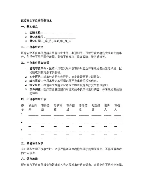 医疗安全不良事件登记本模板