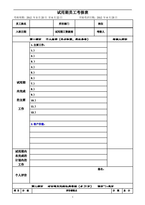 试用期月度考核表