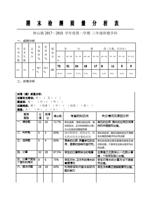 三年级数学质量分析表