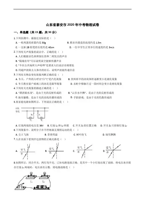 山东省泰安市2020年中考物理试卷