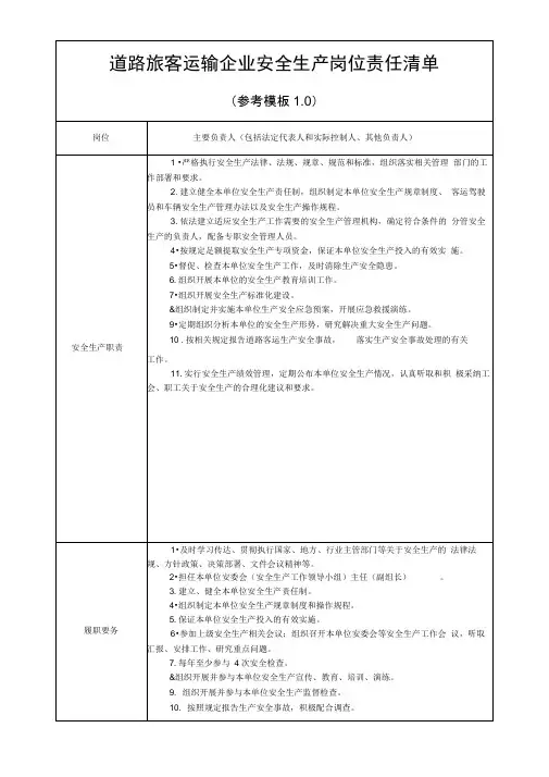 四川道路旅客运输企业安全生产岗位责任清单