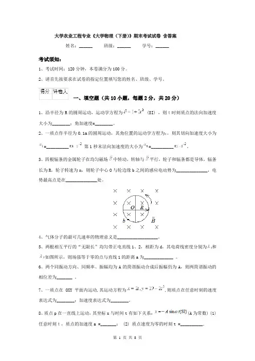 大学农业工程专业《大学物理（下册）》期末考试试卷 含答案
