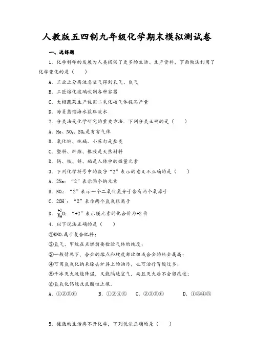 2022-2023学年人教版五四制九年级化学期末模拟测试卷