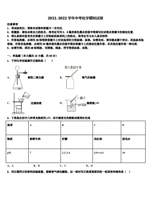 上海市虹口区2021-2022学年中考化学模拟精编试卷含解析