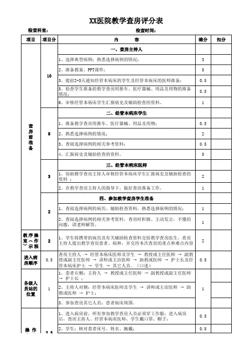 护理教学查房考核评分表