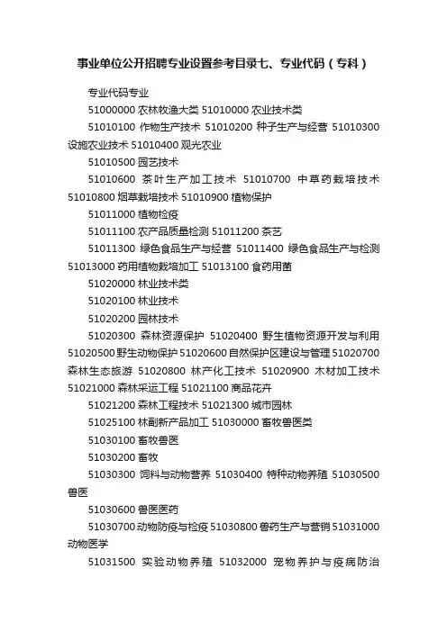 事业单位公开招聘专业设置参考目录七、专业代码（专科）
