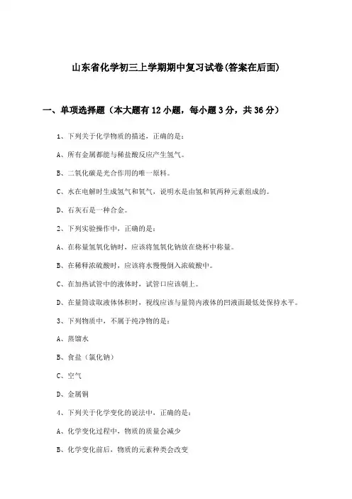 山东省化学初三上学期期中试卷及解答参考