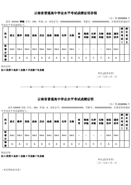 云南省普通高中学业水平考试成绩证明模版