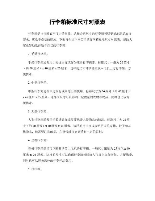 行李箱标准尺寸对照表
